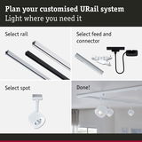 Customisable URail track system with rails, connectors and white spotlights for versatile lighting setups
