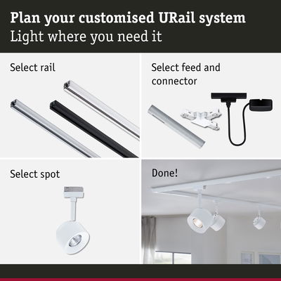 Customisable URail track system with rails, connectors and white spotlights for versatile lighting setups