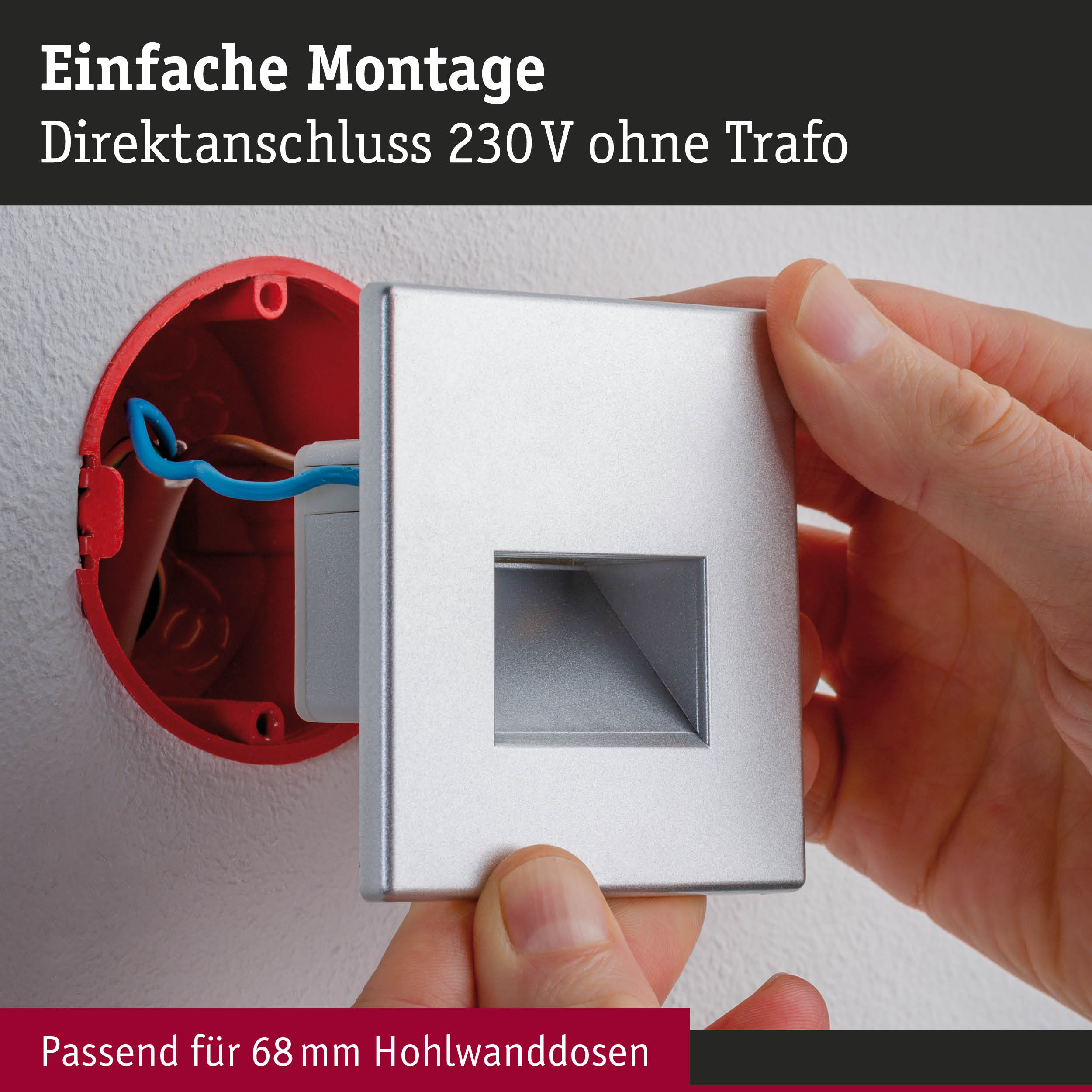 Montage eines silbernen Steckdosenrahmens mit Direktanschluss 230 V in roter Hohlwanddose