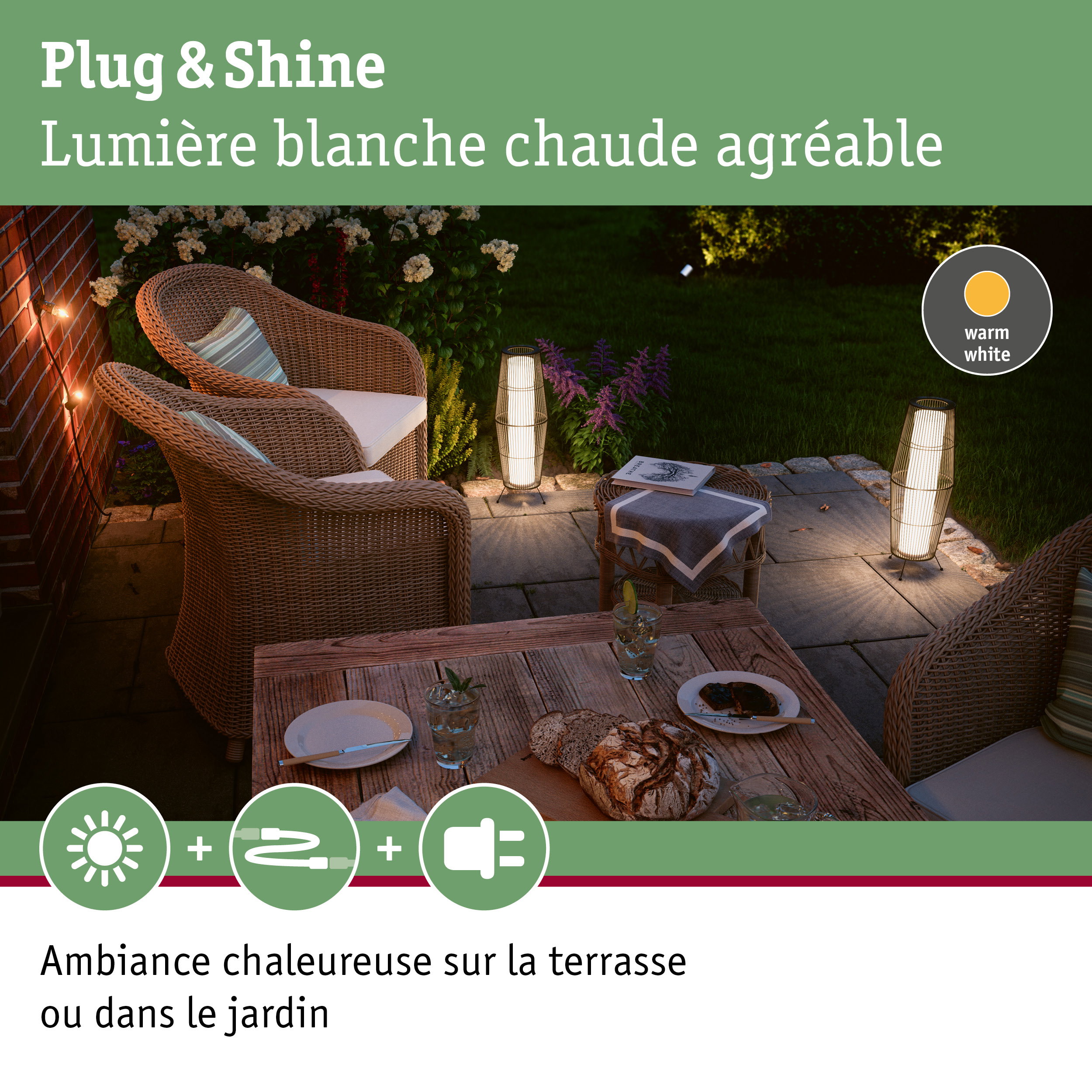 Terrasse accueillante avec éclairage extérieur LED Plug & Shine blanc chaud et mobilier en rotin