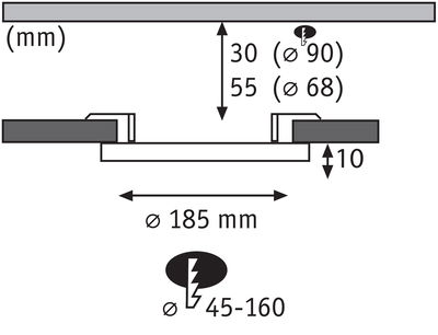 Technical drawing showing dimensions of round recessed lighting system with 185 mm diameter and 10 mm depth.