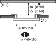 Technische Zeichnung mit Maßen eines runden Einbauleuchtensystems mit 185 mm Durchmesser und 10 mm Einbautiefe.