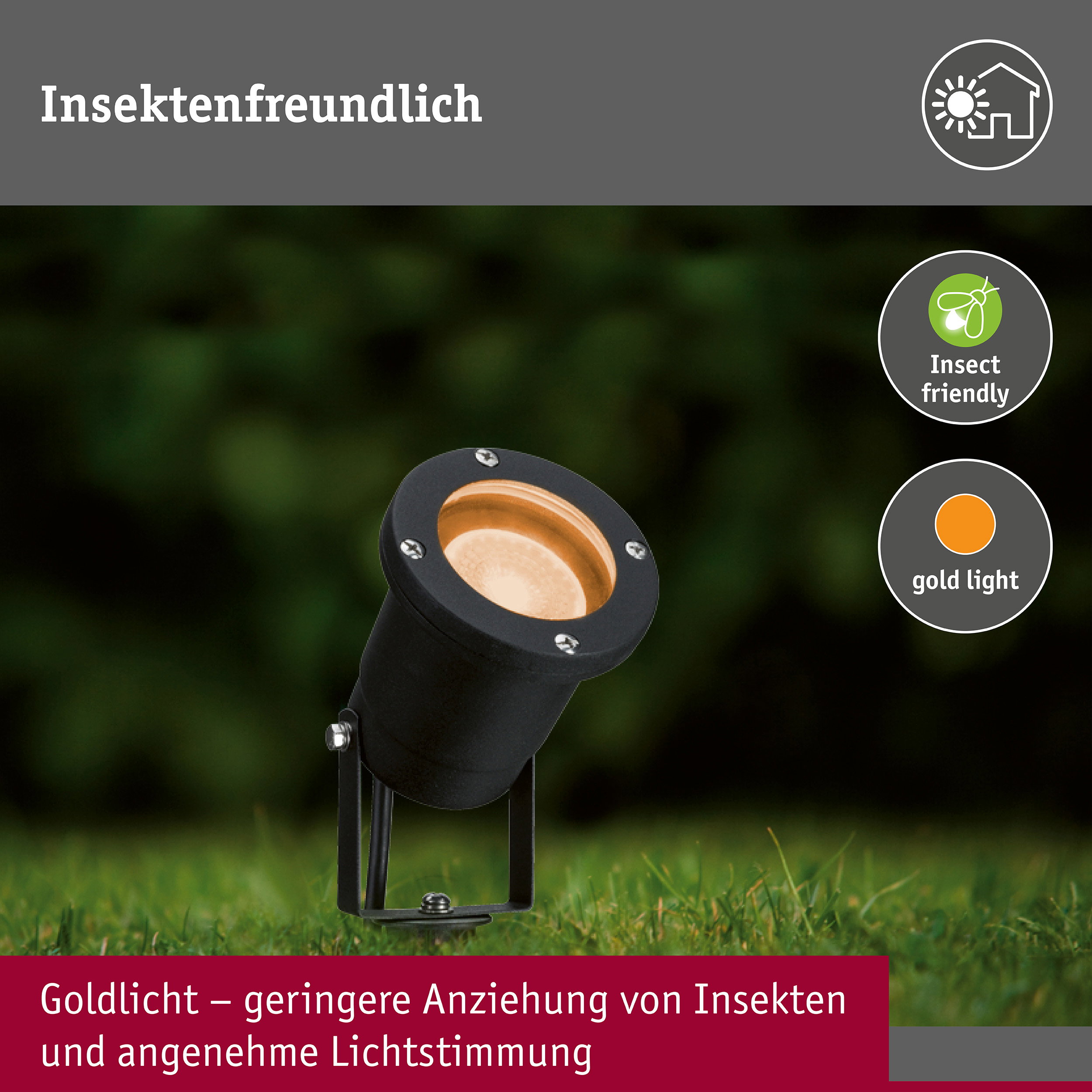LED Gartenstrahler Spot insektenfreundlich IP65 rund 92mm 2200K 4,3W 320lm 230V 38° Schwarz Metall