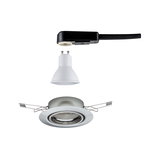 Exploded view of recessed spotlight set with white GU10 LED bulb and silver metal frame