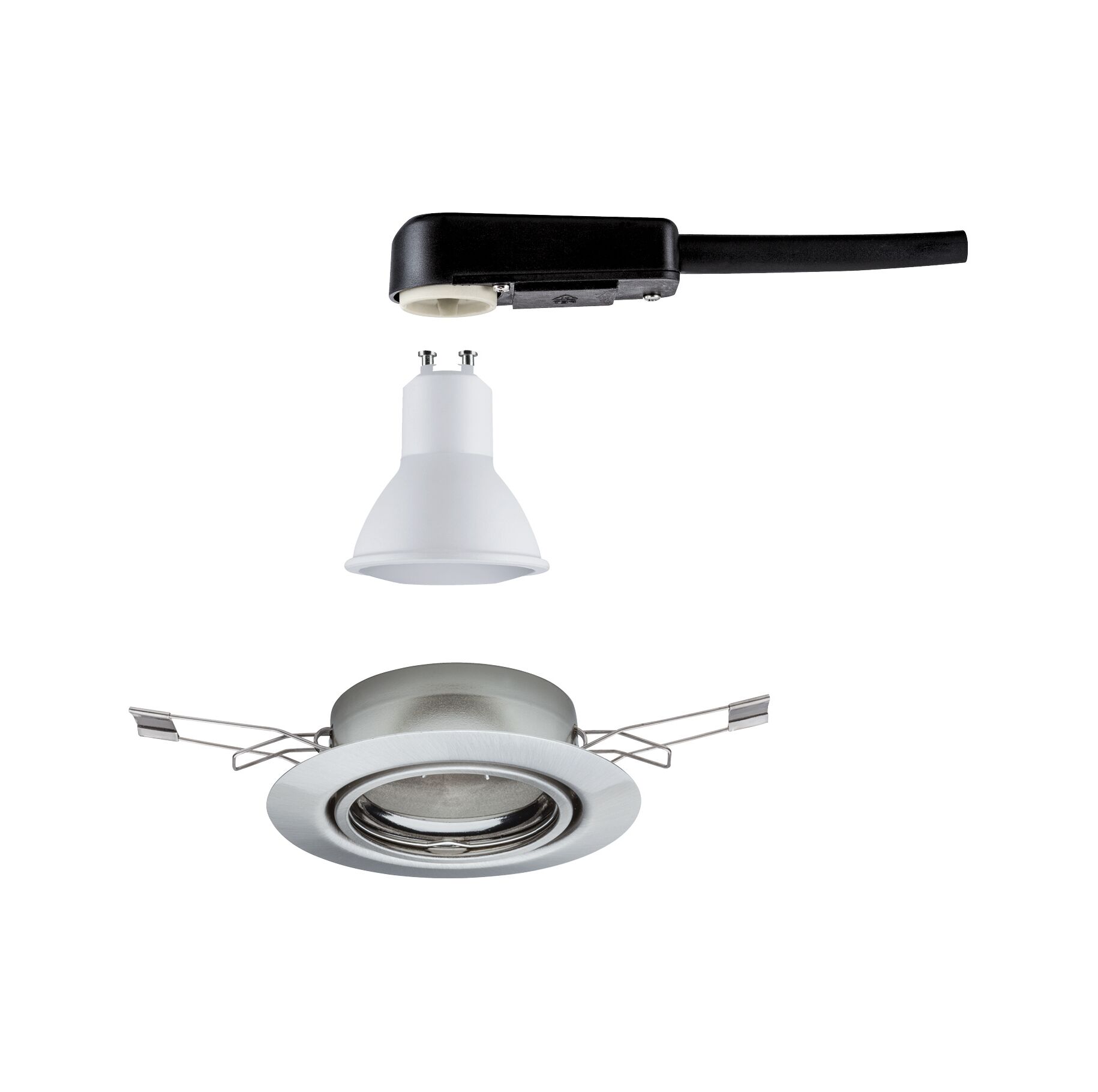 Ampoule LED GU10 blanche avec câble noir et spot encastré en métal argenté pour éclairage