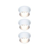Three white metal LED recessed spotlights with warm white light for modern indoor lighting