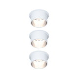 Three white metal LED recessed spotlights with warm white light for modern indoor lighting