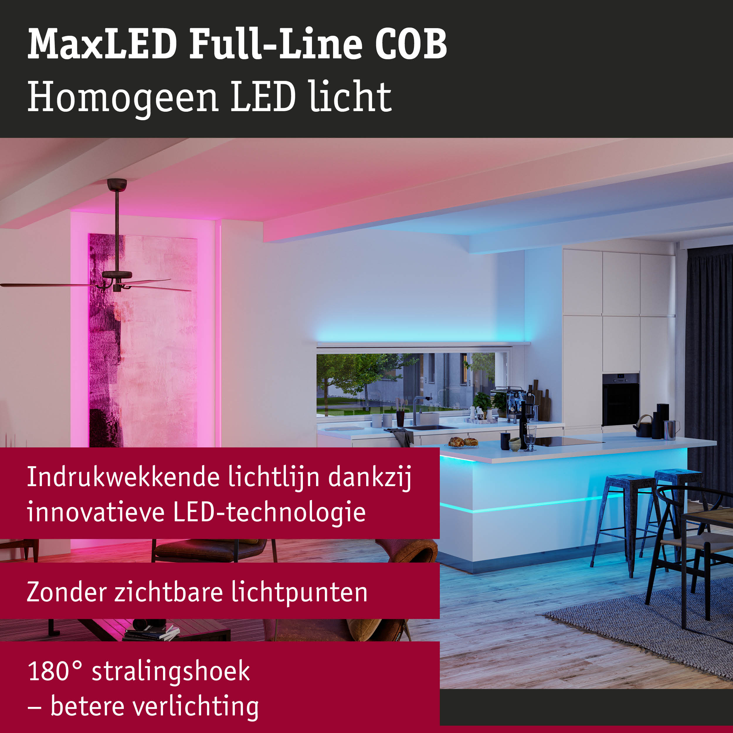 Moderne keuken met MaxLED Full-Line COB LED-licht in blauw en roze voor sfeerverlichting