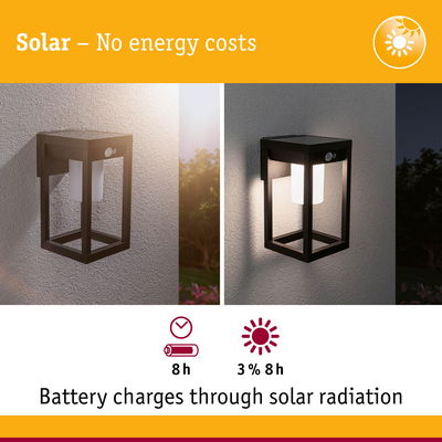 Black solar wall light with battery charging 8 hours by sunlight, energy-saving outdoor lighting solution