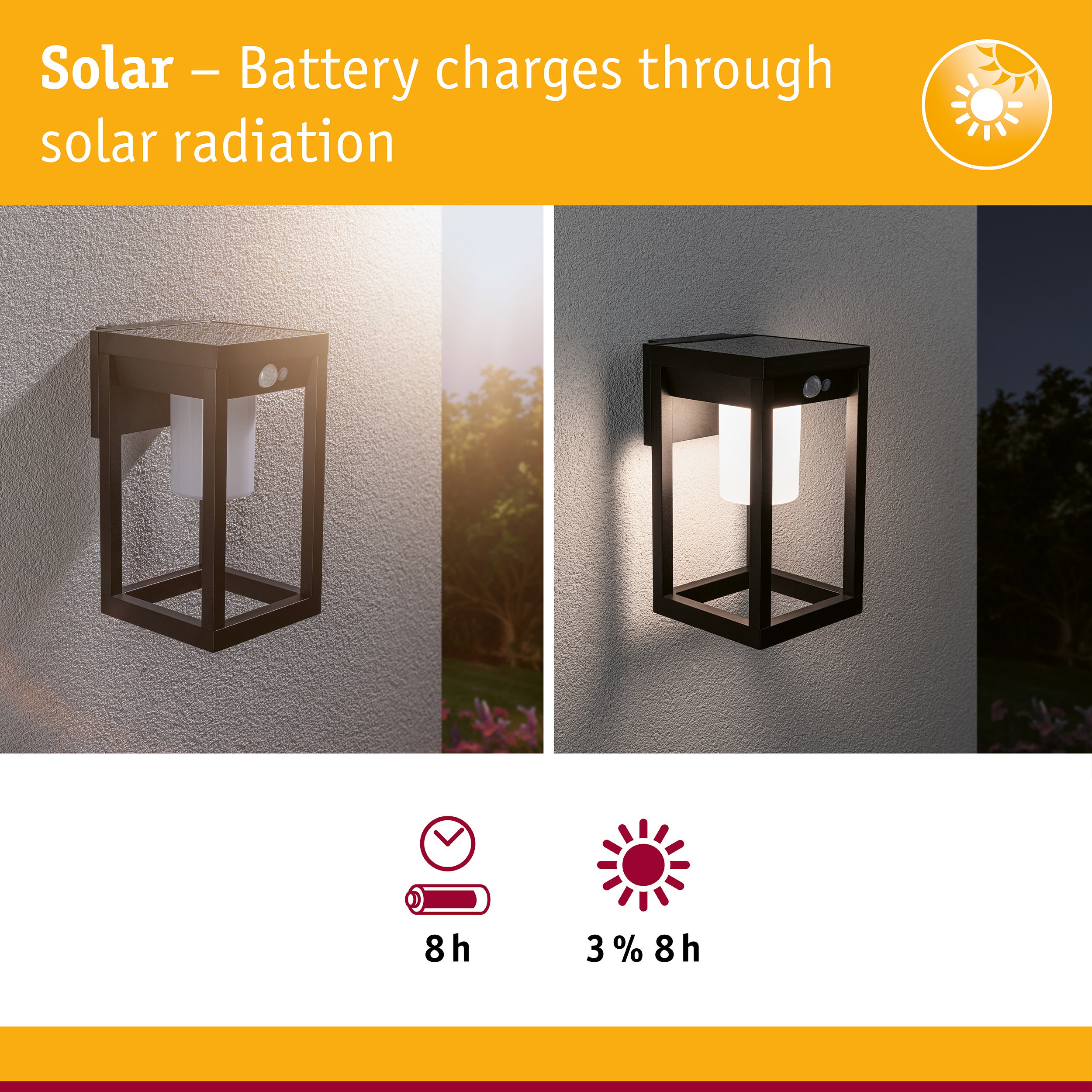Black solar outdoor wall light with motion sensor on white wall shown in day and night