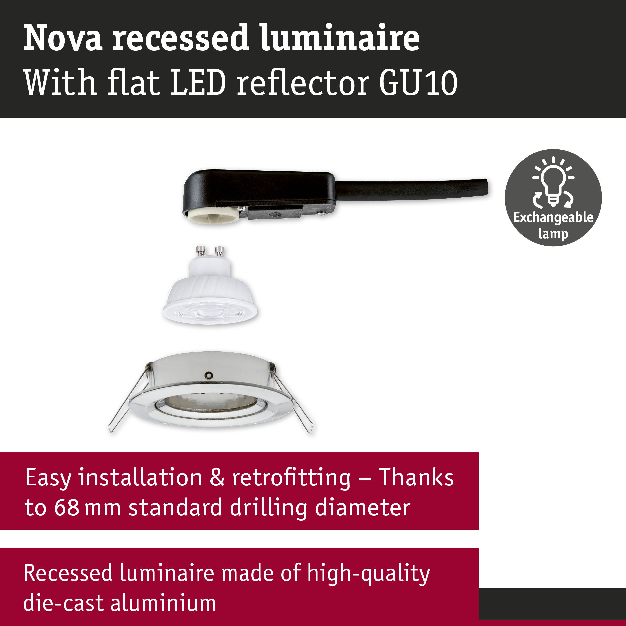 Nova recessed luminaire in white die-cast aluminium with flat LED reflector GU10 and exchangeable lamp