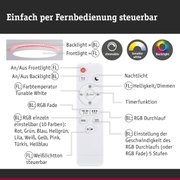 Weiße Fernbedienung mit Tasten zur Steuerung dimmbarer LED-Deckenleuchte mit RGB-Backlight.