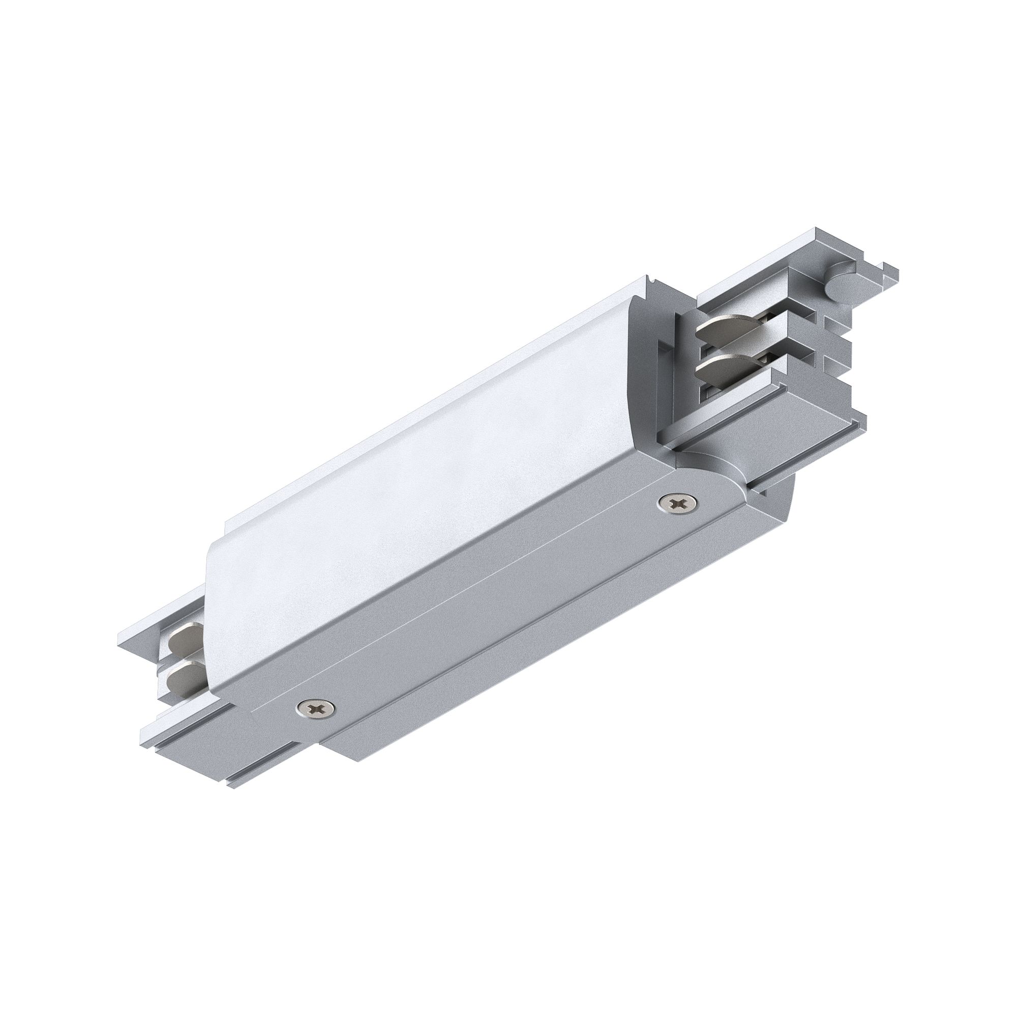 Silberner Aluminium-Adapter für Schienensystem mit Schrauben und Steckverbindung für LED-Beleuchtung