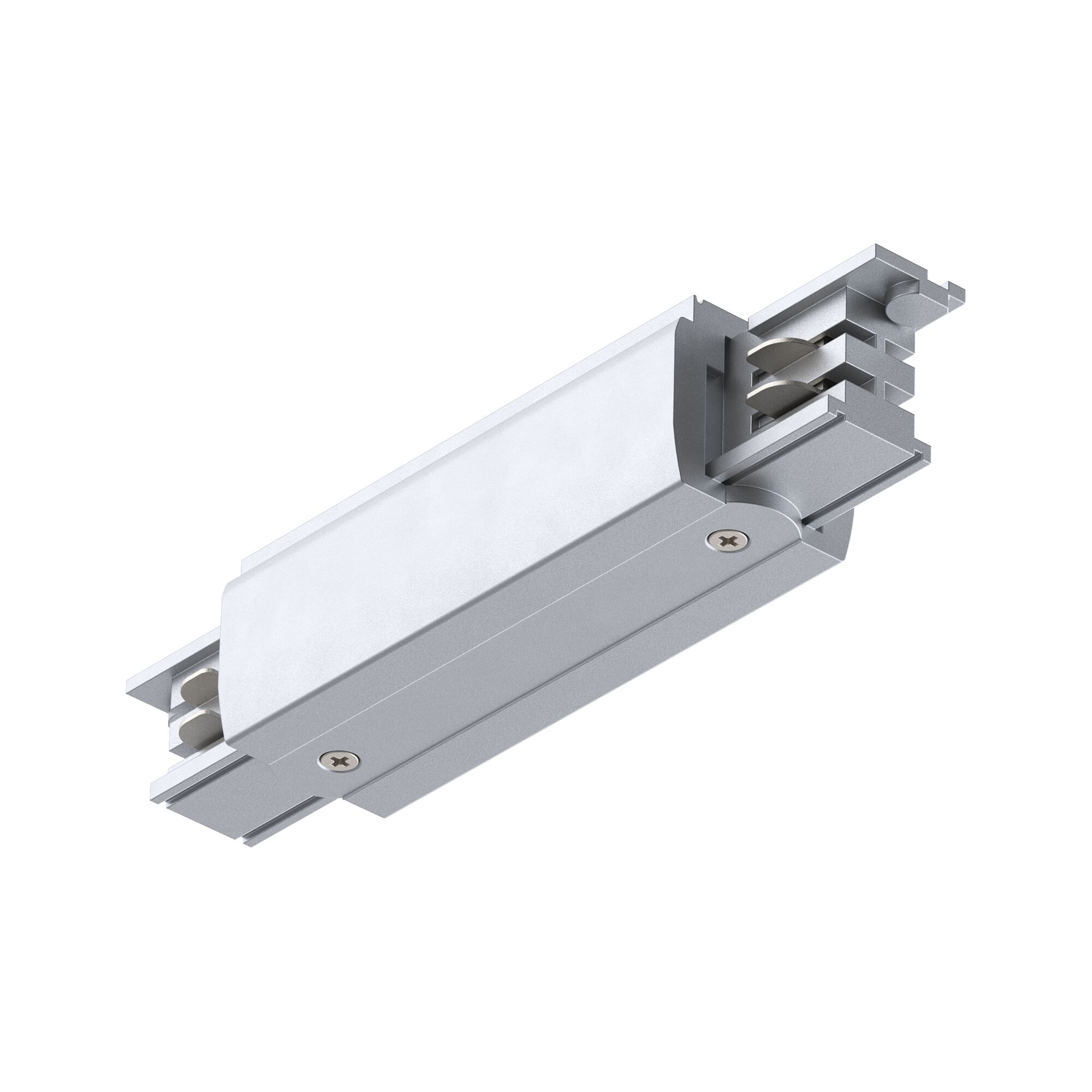 Silberner Aluminium-Adapter für Schienensystem mit Schrauben und Steckverbindung für LED-Beleuchtung