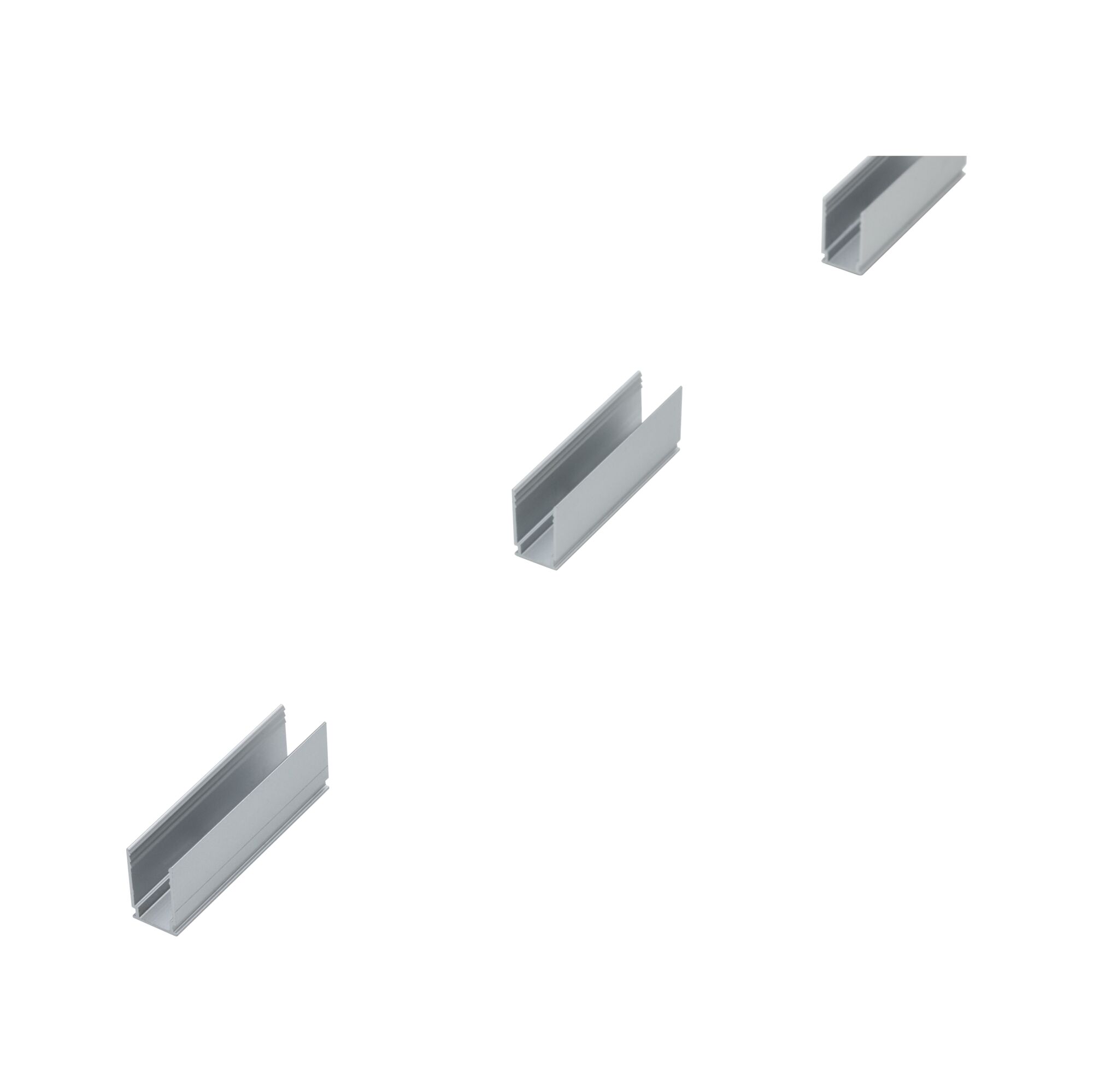 Drei silberne Aluminium-Profile für LED-Lichtleisten, geeignet für moderne Beleuchtungssysteme.