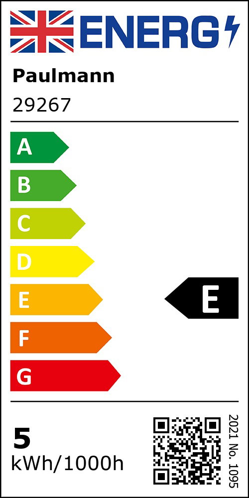 Energy efficiency label rated E with 5 kWh per 1000 hours consumption for product 29267