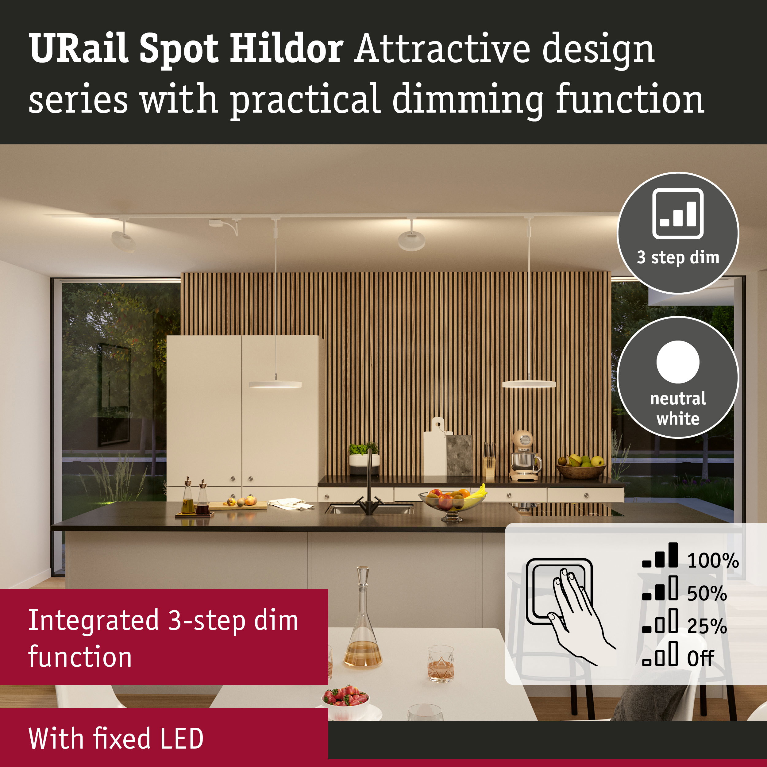 URail Spot Hildor white LED ceiling light with integrated 3-step dimming for modern kitchen lighting
