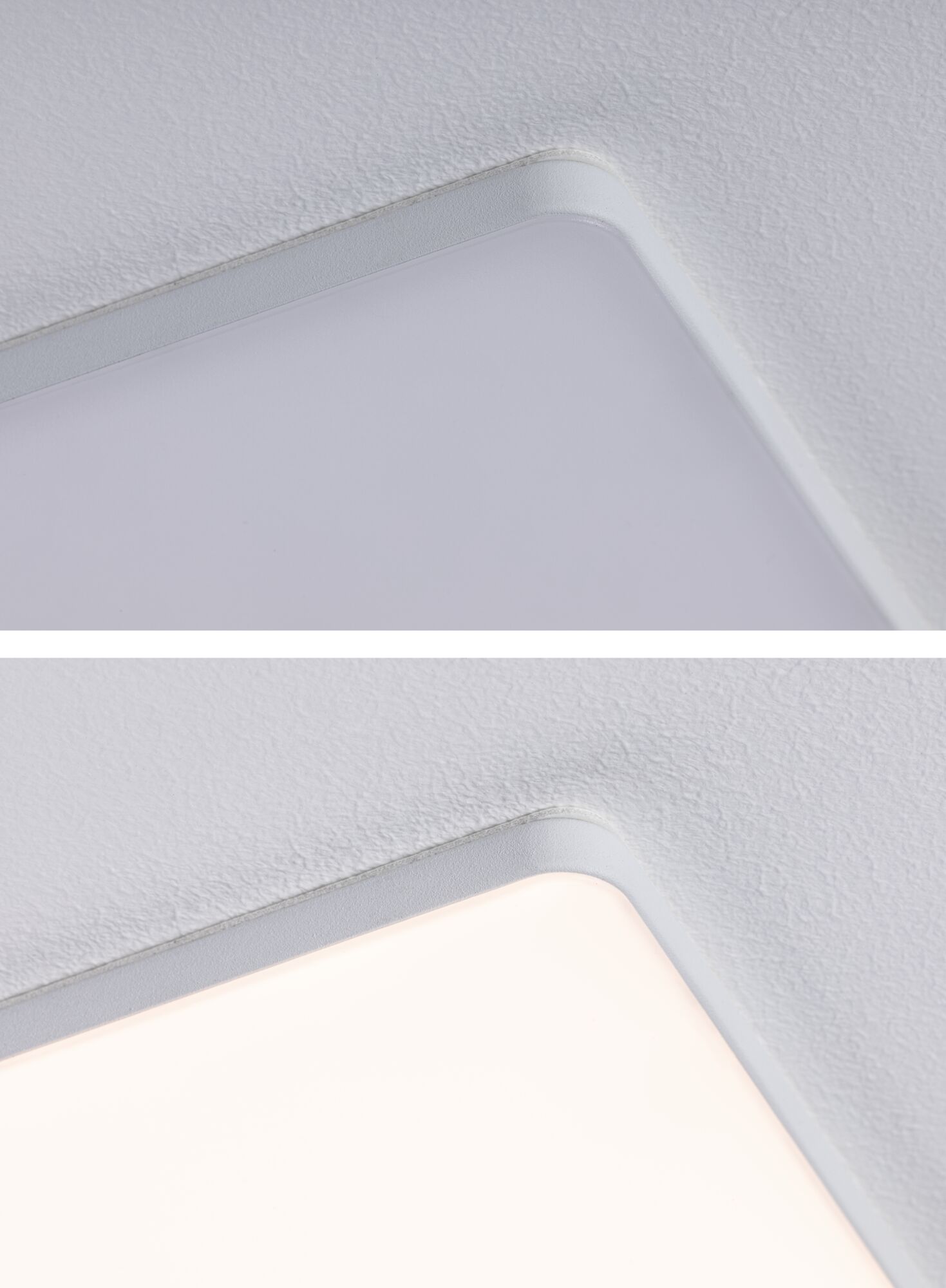 Close-up van witte vierkante plafondlamp met matte rand en diffuse afdekking voor binnenverlichting
