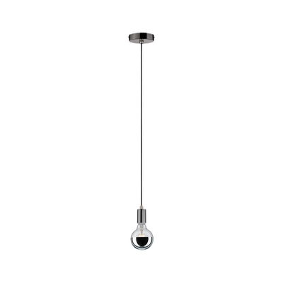 Modern pendant light with black cord and chrome socket, clear bulb with mirrored cap for stylish lighting