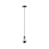 Modern pendant light with black cord and chrome socket, clear bulb with mirrored cap for stylish lighting