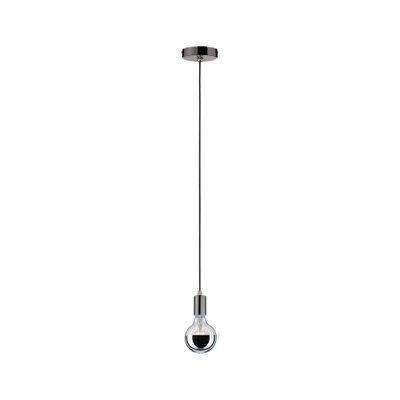 Moderne Pendelleuchte mit schwarzem Kabel und verchromter Fassung, klarer Glühbirne mit Spiegelkappe