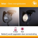 Zwarte solarspot met batterij die in 8 uur door zonlicht oplaadt, energiezuinige buitenverlichting