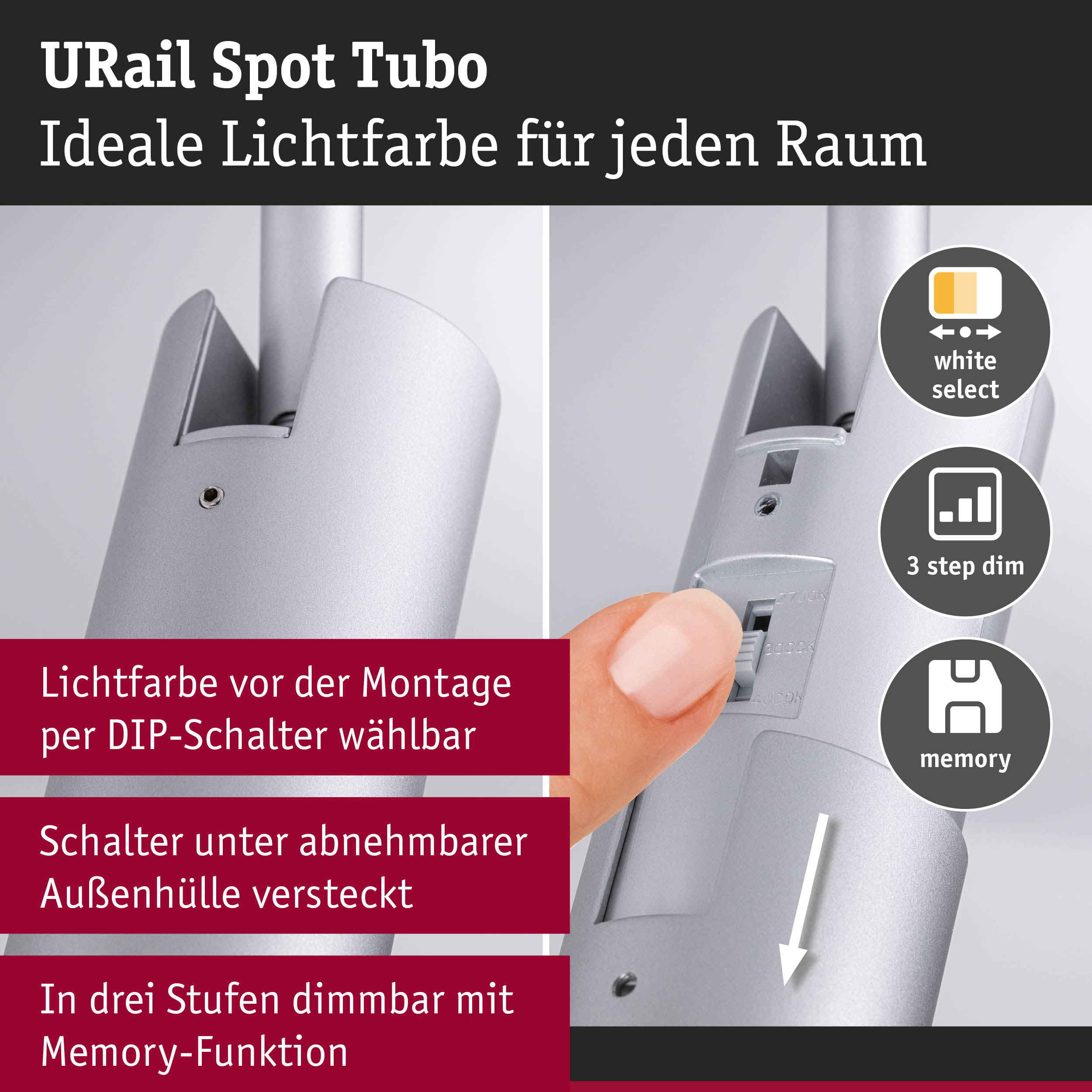 URail Spot Tubo in silber mit wählbarer Lichtfarbe und 3-Stufen-Dimmer für flexible Raumbeleuchtung