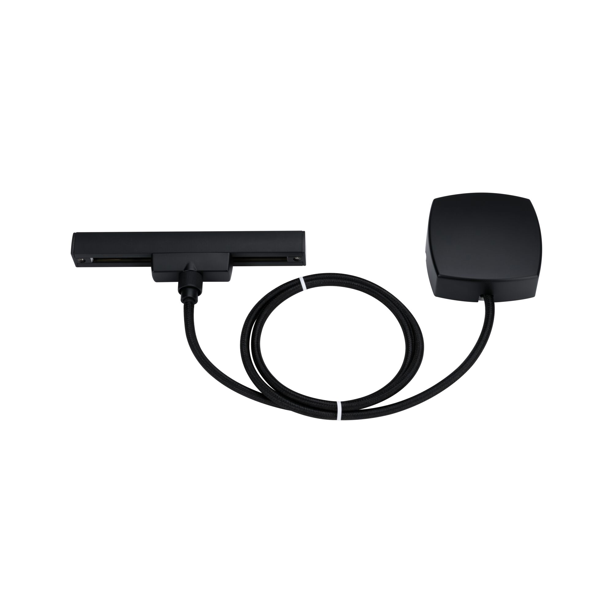 Schwarzes LED-Schienenlicht mit flexiblem Kabel und quadratischem Anschlussgehäuse für moderne Beleuchtung.