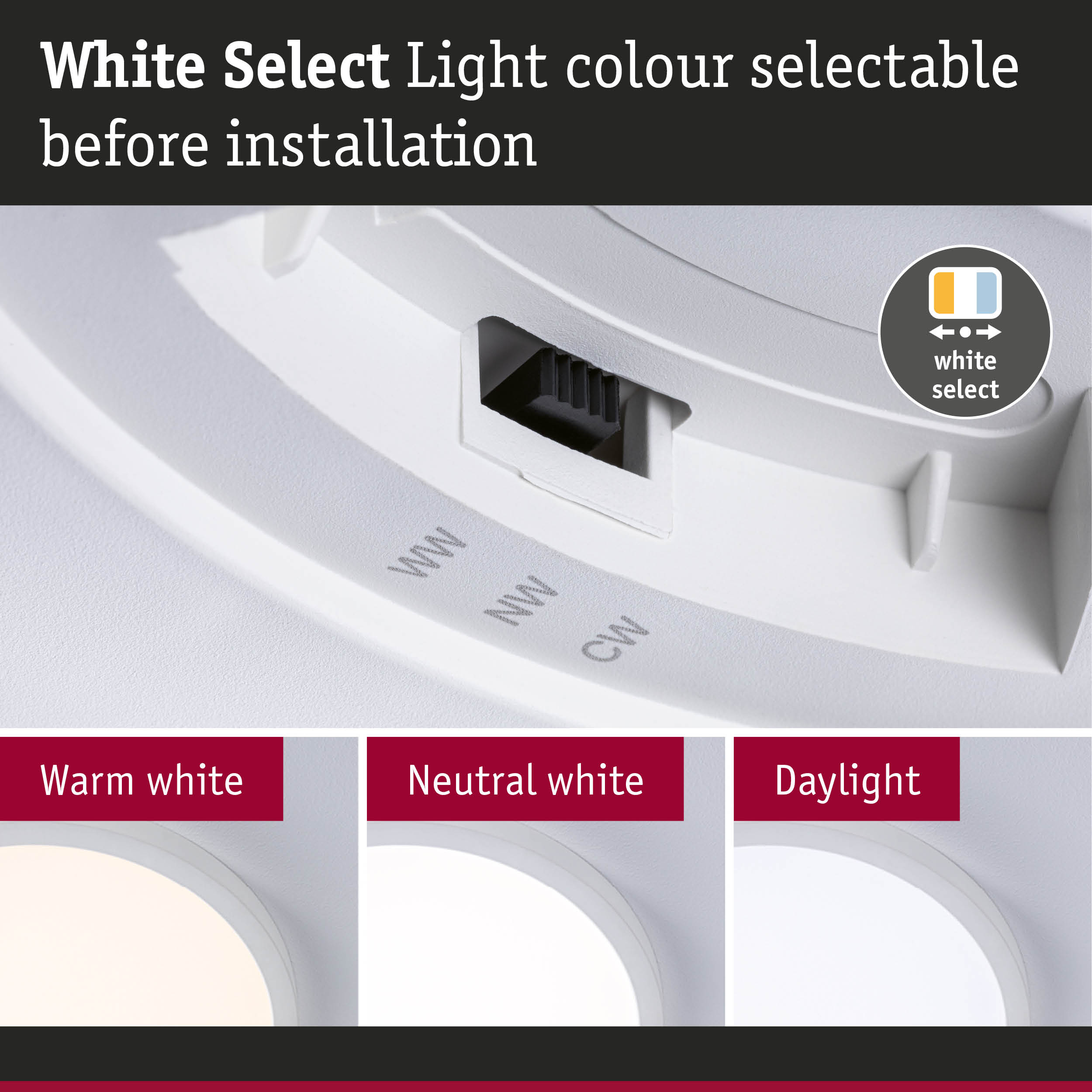 White plastic light colour switch with selectable warm, neutral, and daylight options before installation