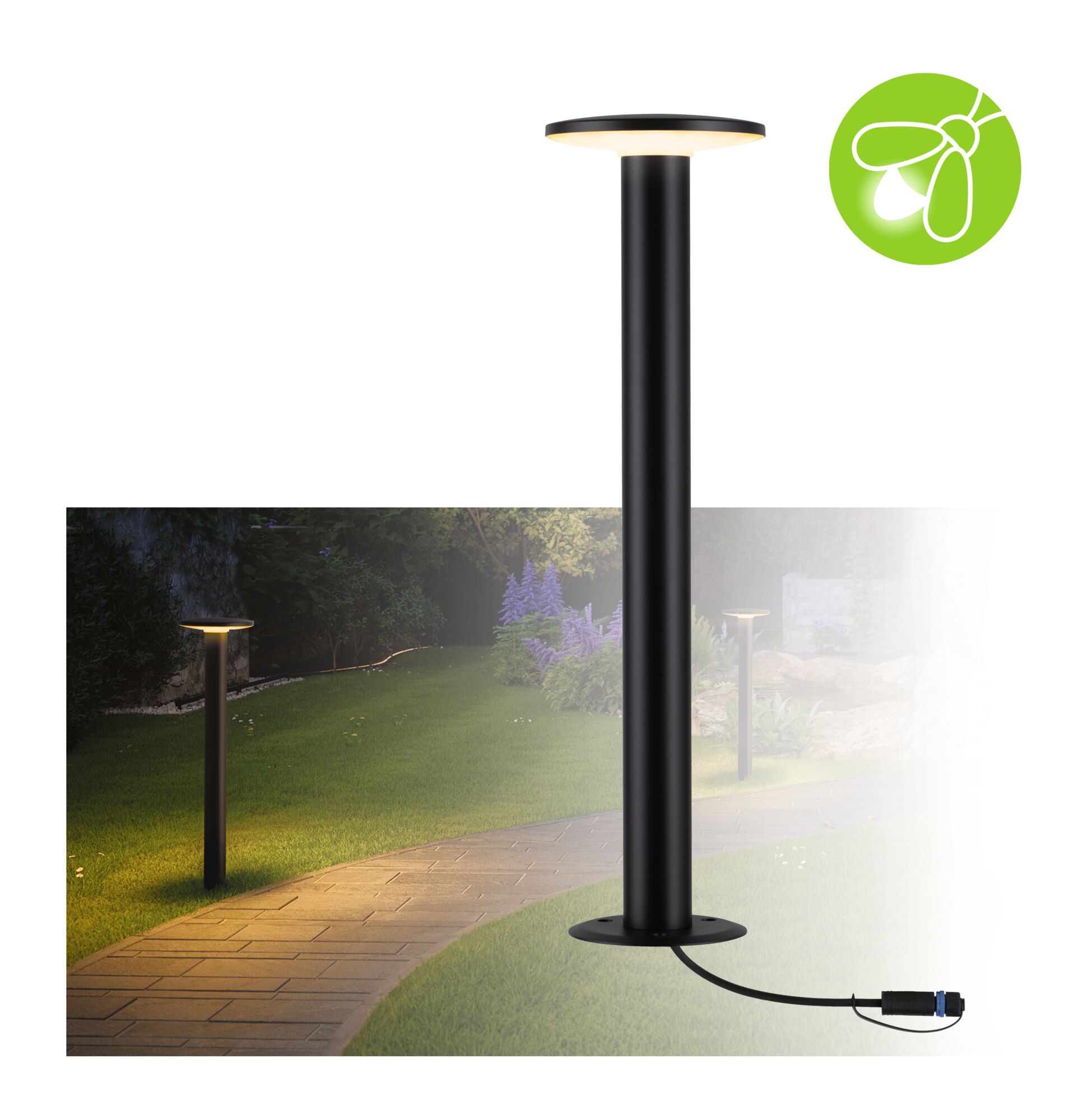 Plug & Shine LED Pollerleuchte Plate Einzelleuchte insektenfreundlich IP44 2200K 7W Anthrazit Schwarze LED-Wegeleuchte aus Metall mit warmweißem Licht für Garten und Außenbereich