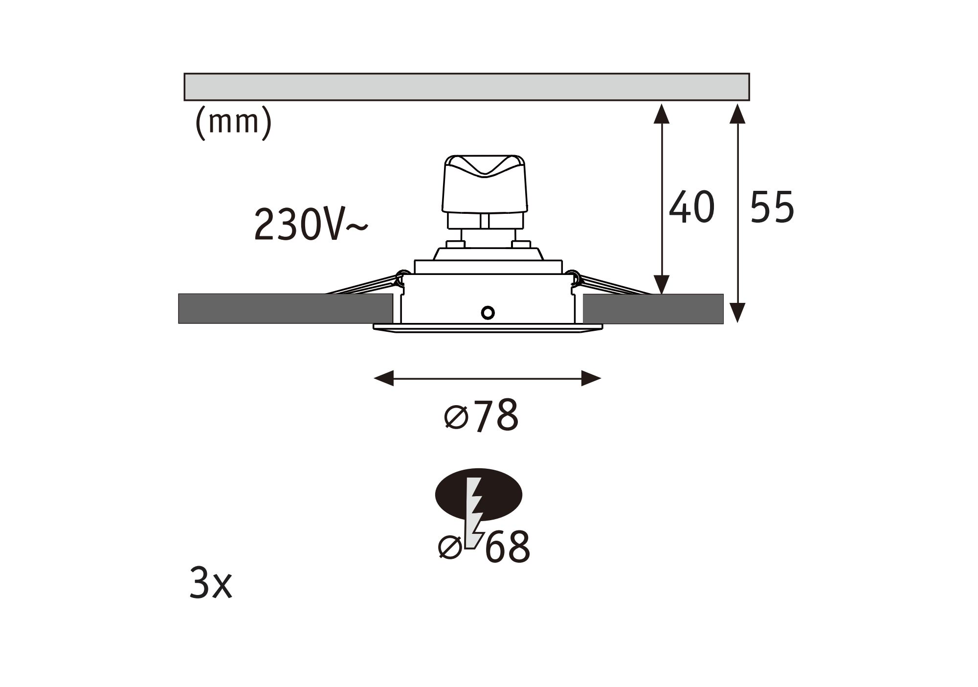 Technische Zeichnung eines Einbaustrahler mit 78 mm Durchmesser und 230V Spannung, Maße in mm.
