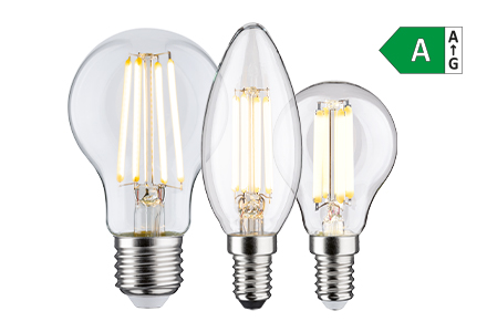 Drei transparente LED-Leuchtmittel in verschiedenen Formen mit Energieeffizienzklasse A für sparsames Licht