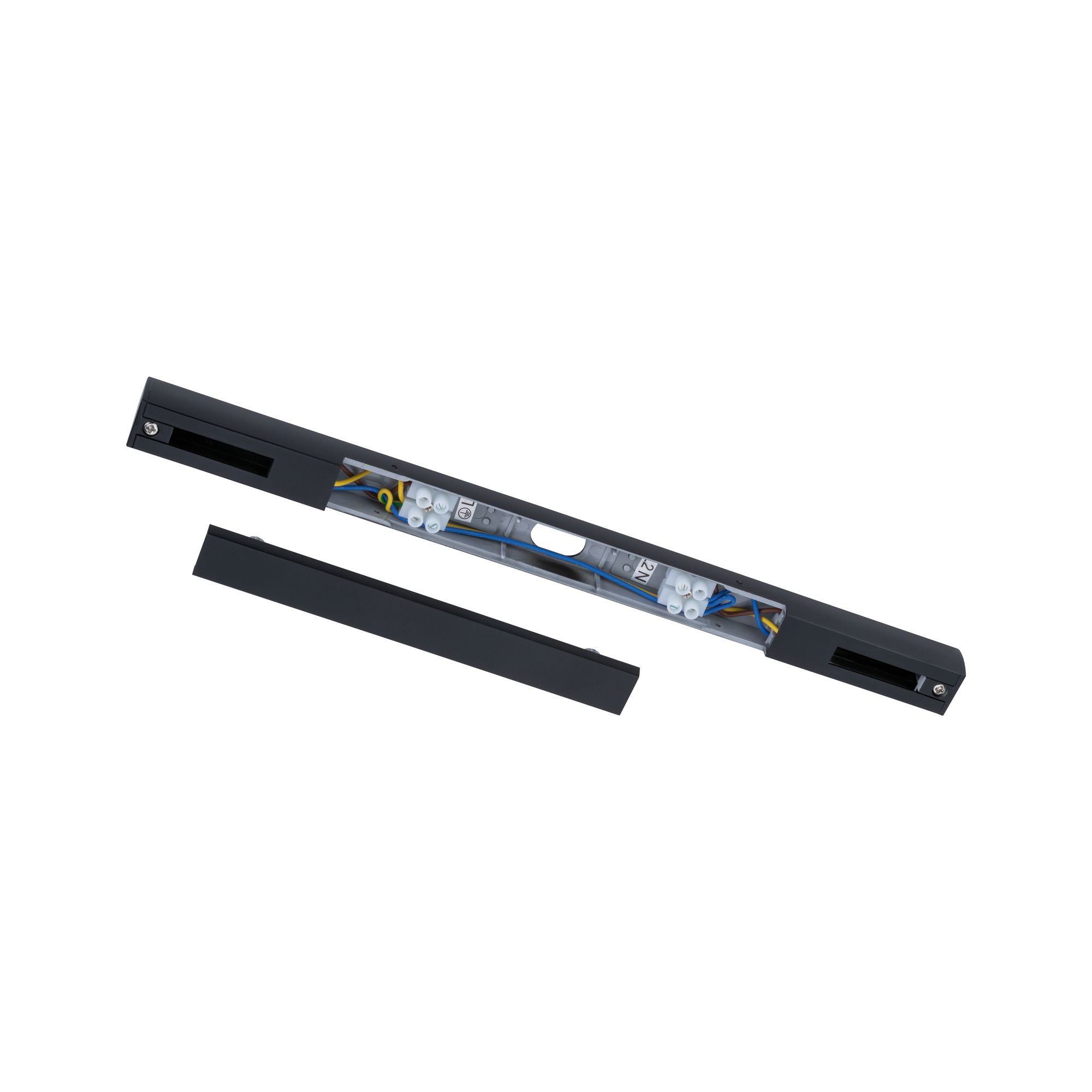 Rail de connexion en aluminium noir avec câblage électrique visible pour éclairage LED sur rail