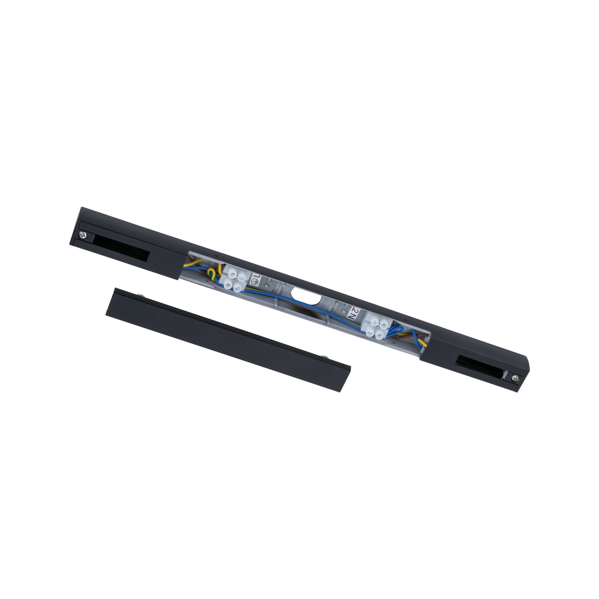 Zwarte aluminium verbindingsrail met zichtbare elektrische bedrading voor LED-railsysteem