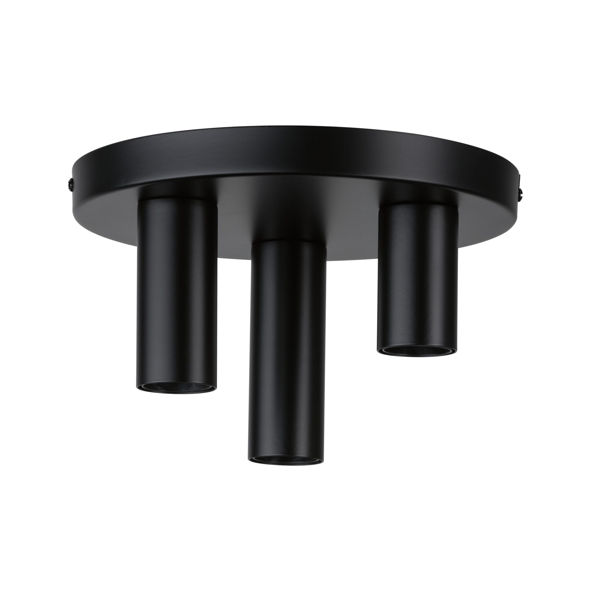 Black metal ceiling light with three cylindrical spotlights for modern indoor lighting
