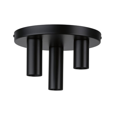 Black metal ceiling light with three cylindrical spotlights for modern indoor lighting