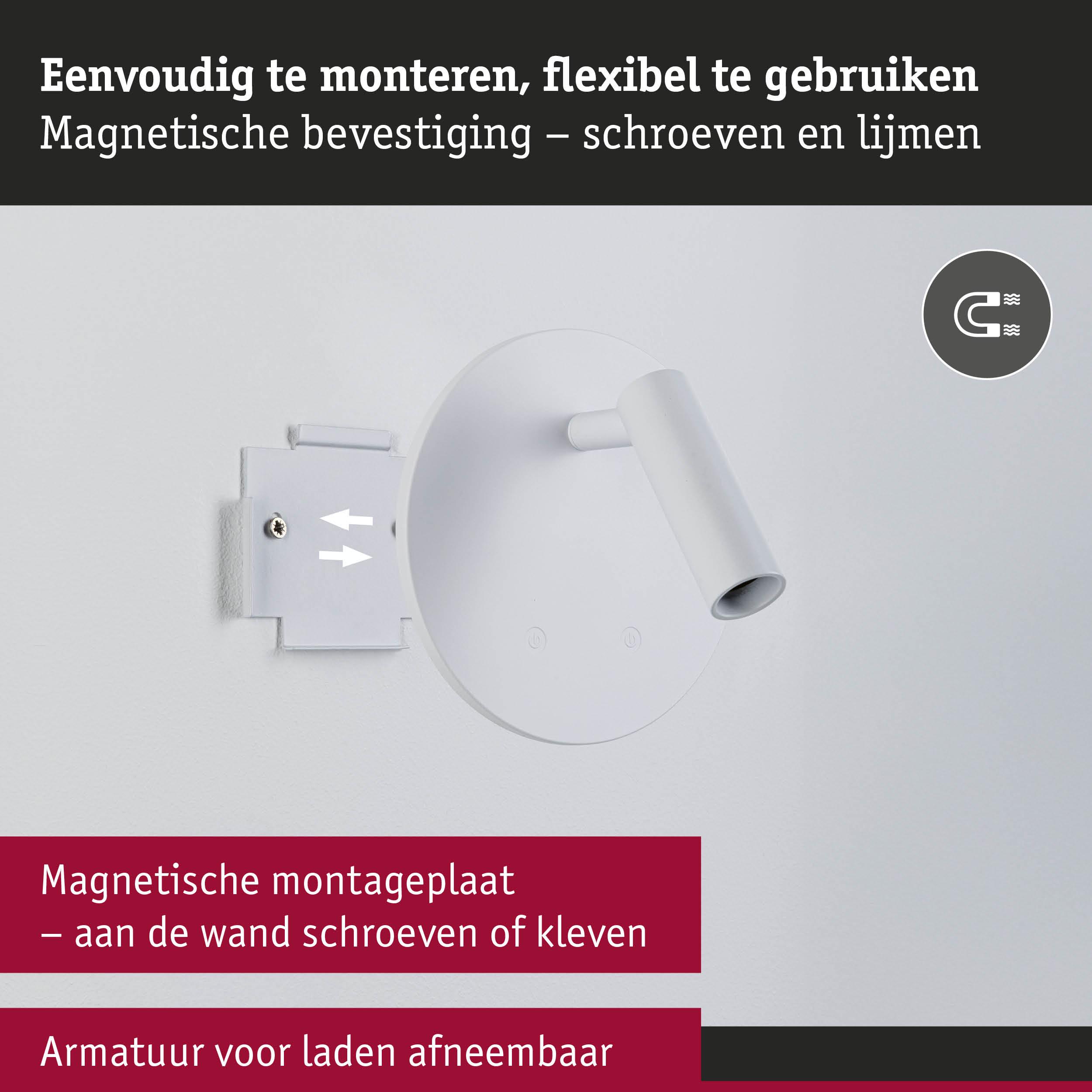 Witte magnetische montageplaat met afneembare armatuur voor flexibele wandmontage