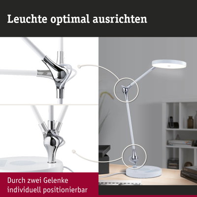 Weiße LED-Schreibtischlampe mit verstellbaren Gelenken und chromfarbenem Metall für flexible Beleuchtung