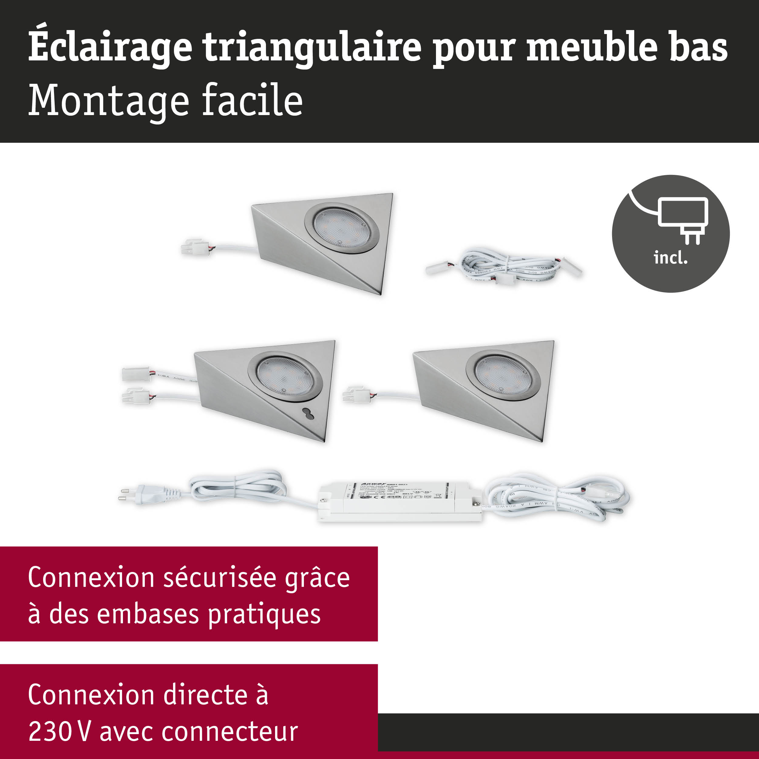 Éclairage triangulaire en métal argenté pour meuble avec alimentation et câble pour montage facile