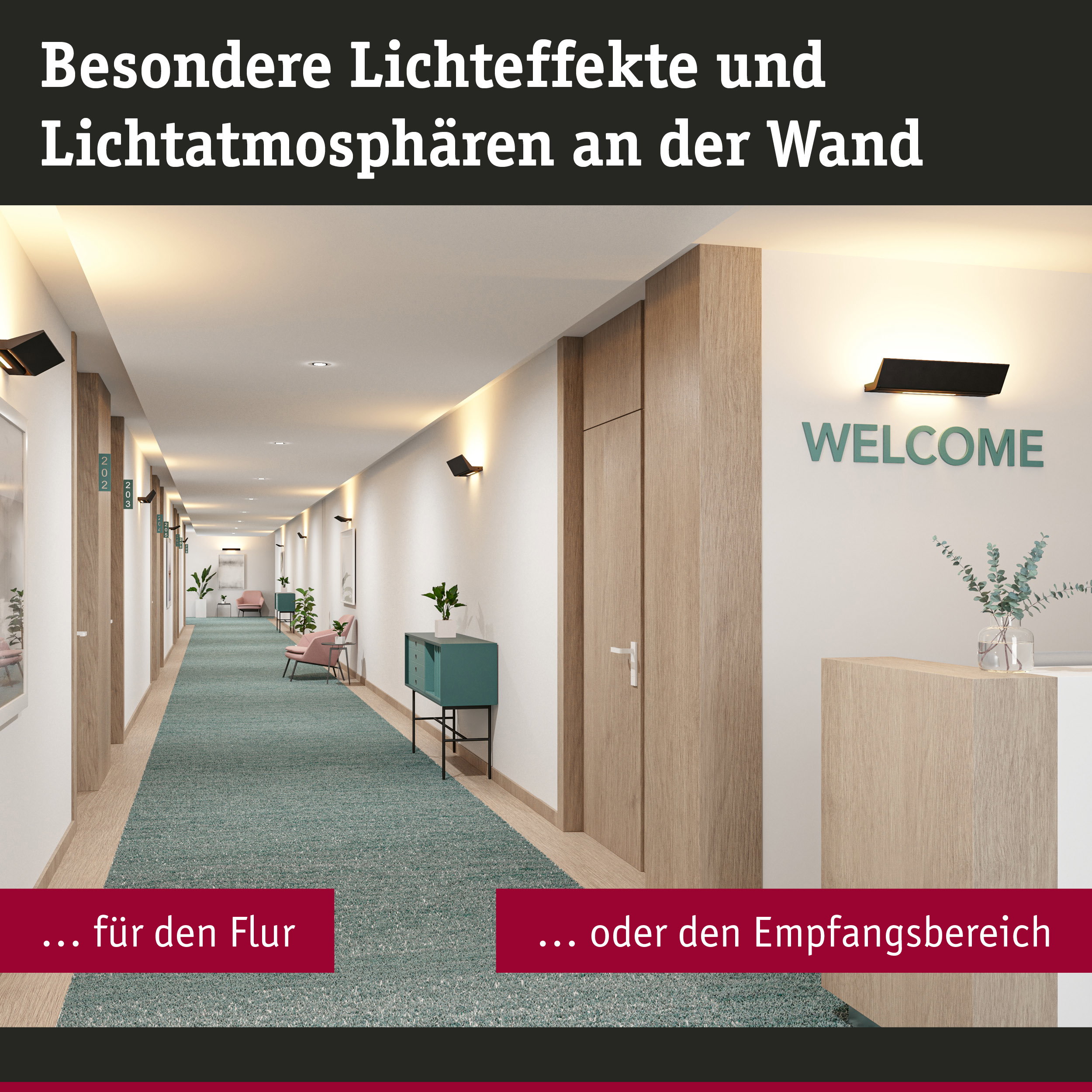 Moderner Flur mit warmweißen Wandleuchten in Schwarz und Holzdekor für Empfangsbereich und Flurbeleuchtung