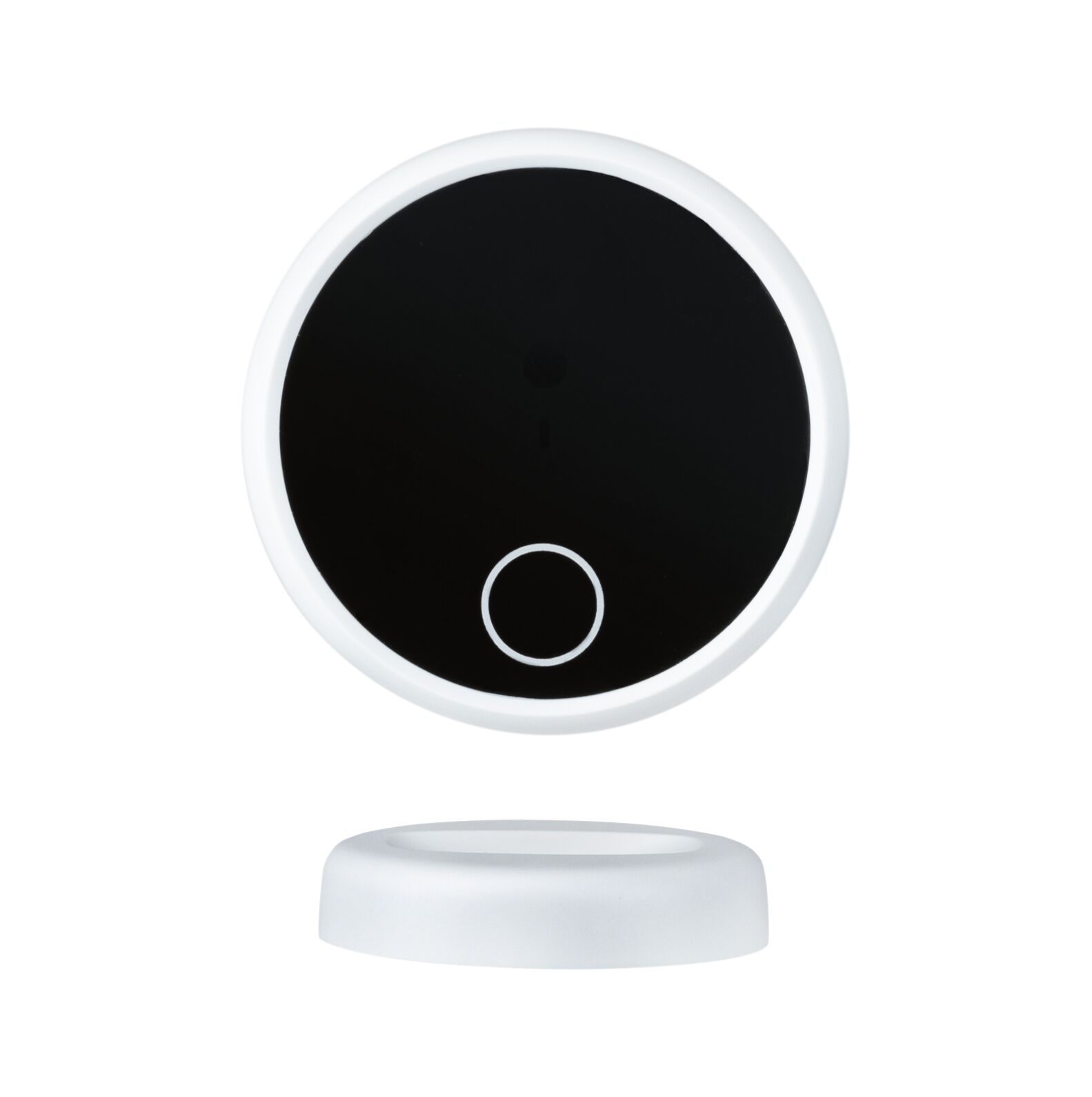 Round black LED touch switch with white plastic frame and separate mount for lighting control