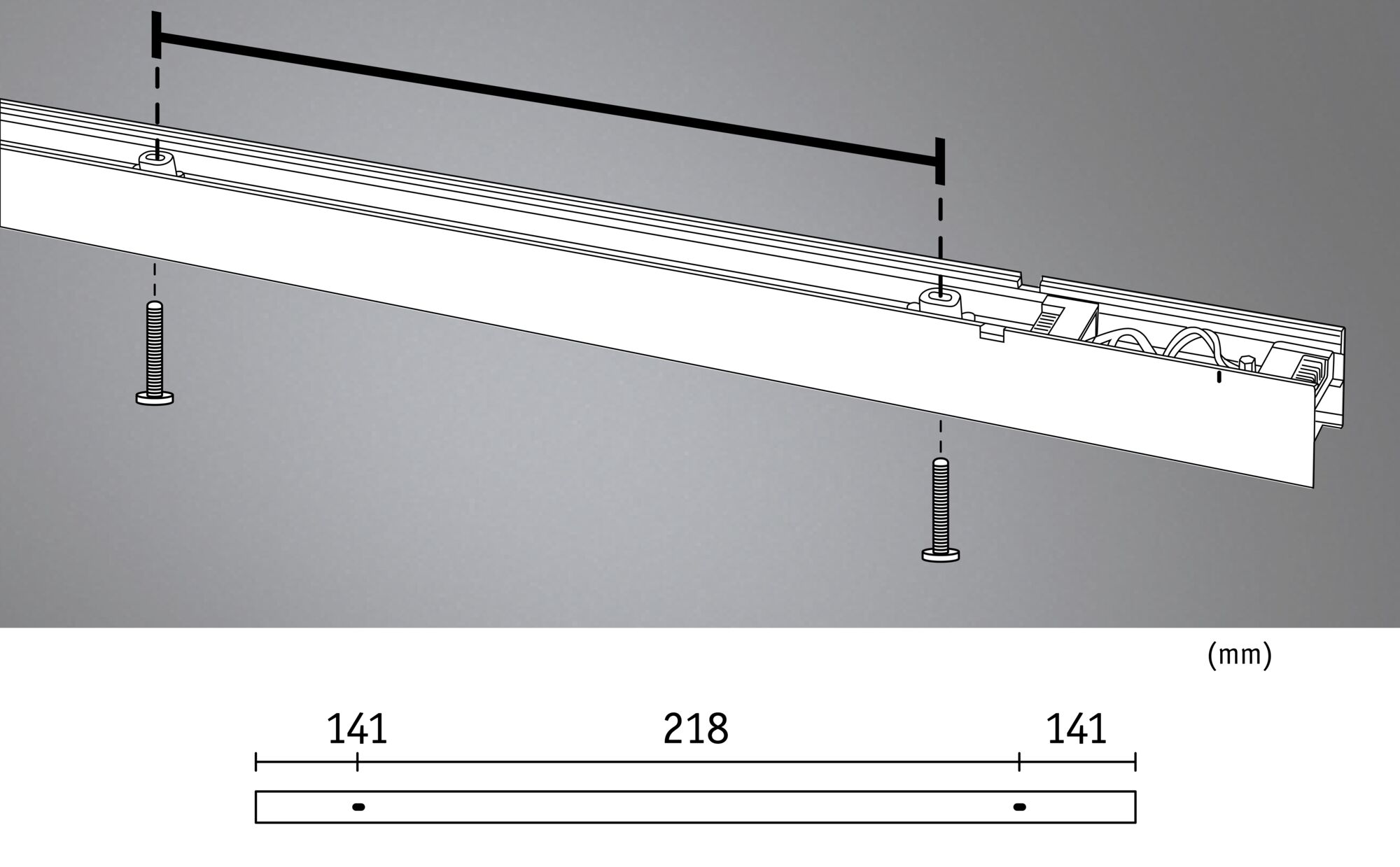 Technische Zeichnung einer weißen LED-Leiste mit Schrauben und Maßangaben in Millimetern