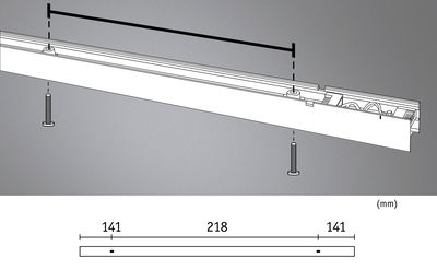Technische Zeichnung einer weißen LED-Leiste mit Schrauben und Maßangaben in Millimetern