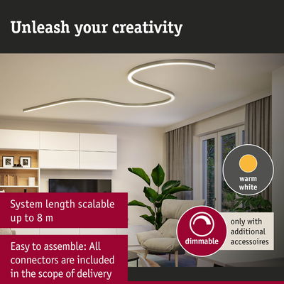 Modern warm white LED ceiling light with scalable length up to 8 m for creative interior lighting