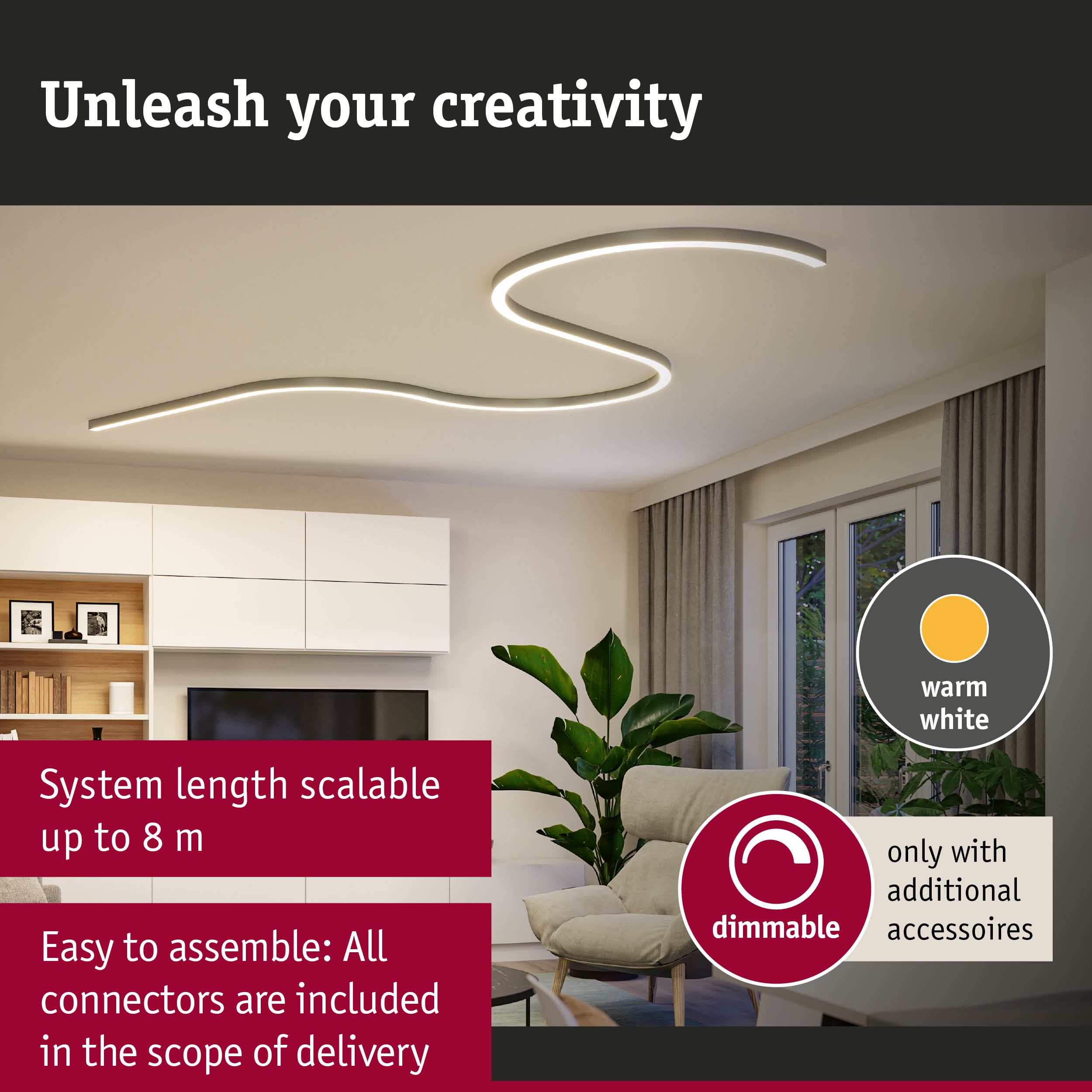 Modern curved LED ceiling light with warm white dimmable illumination, scalable system length up to 8 meters