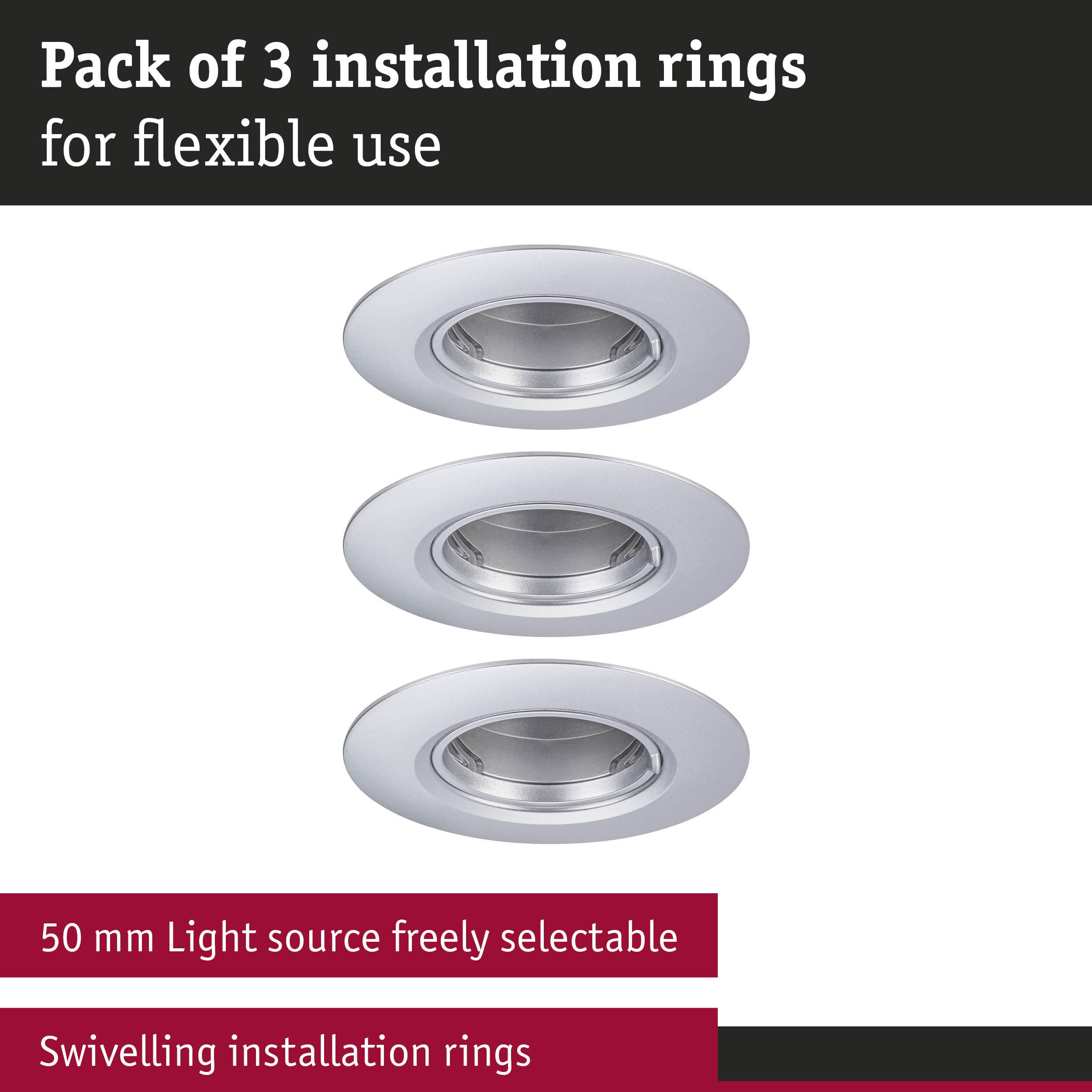Set of three silver metal installation rings for 50 mm light sources with swivel feature