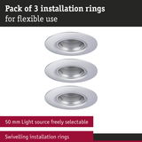 Set of three silver metal installation rings for 50 mm light sources with swivel feature
