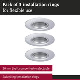 Set of three silver metal installation rings for 50 mm light sources with swivel feature