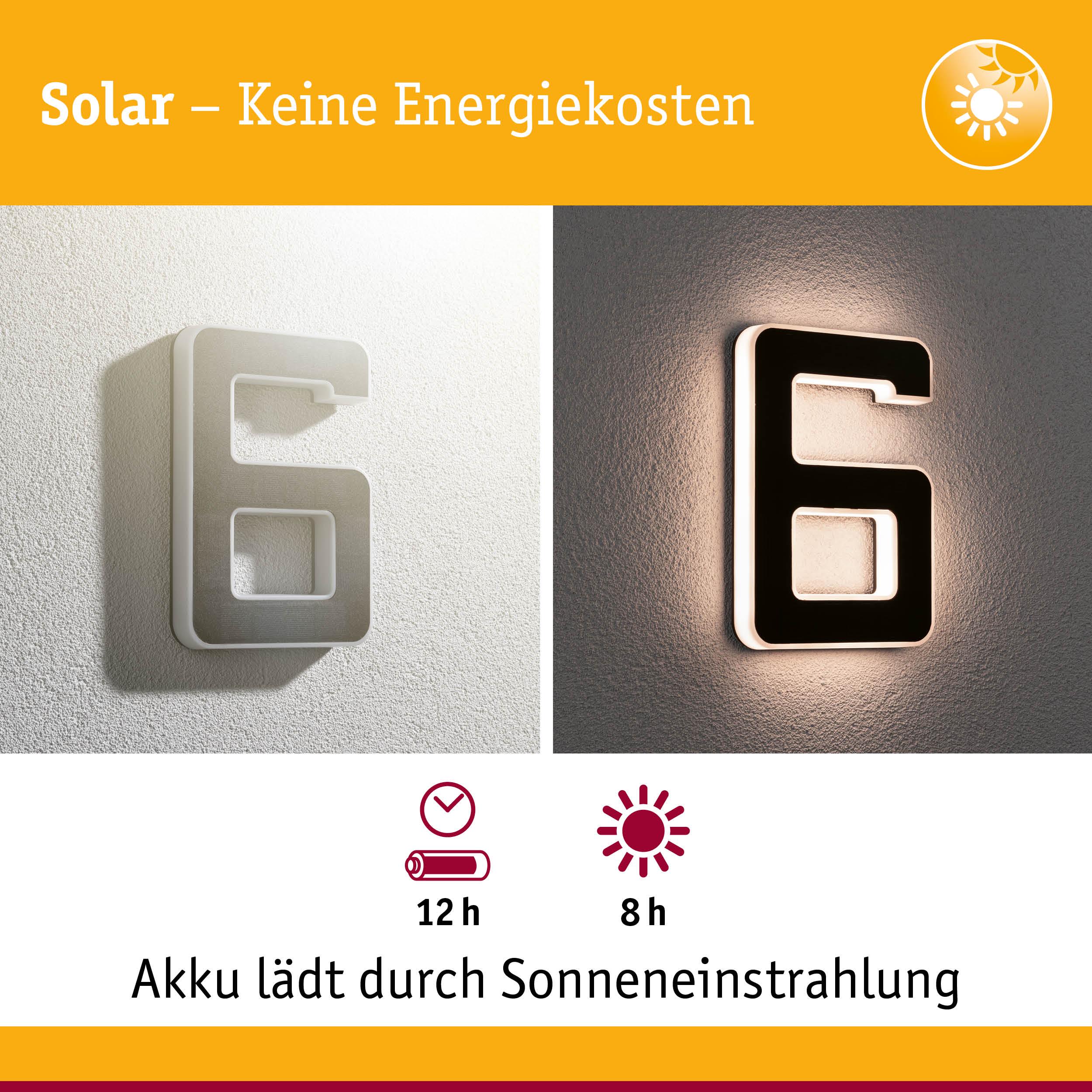 Solarbetriebene Hausnummer 6 aus Kunststoff in Weiß mit LED-Beleuchtung und Akku für 12 Stunden Laufzeit
