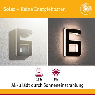 Solarbetriebene Hausnummer 6 aus Kunststoff in Weiß mit LED-Beleuchtung und Akku für 12 Stunden Laufzeit